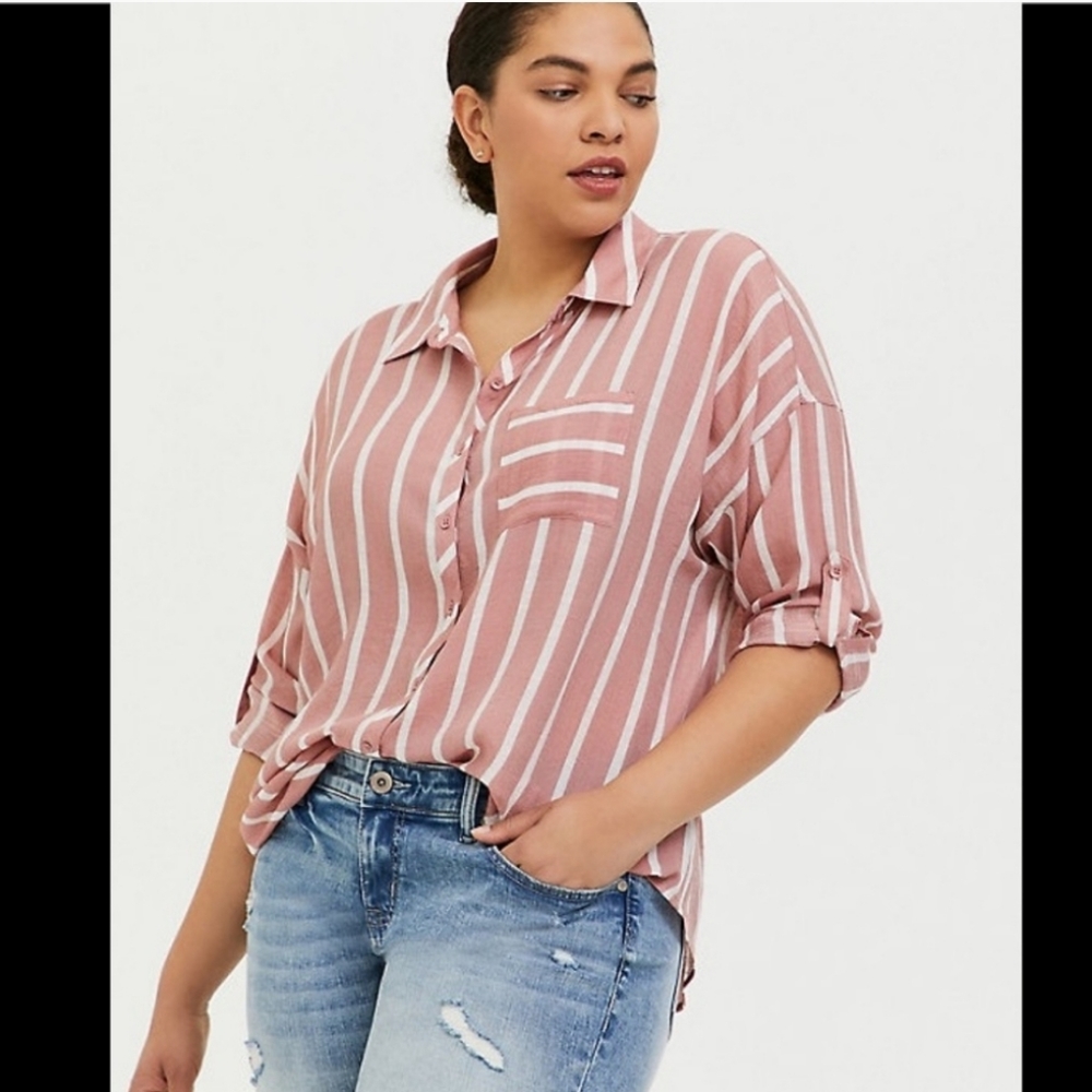 Torrid Oversized Lightweight Casual Button-up Pink & White Striped Top NWT